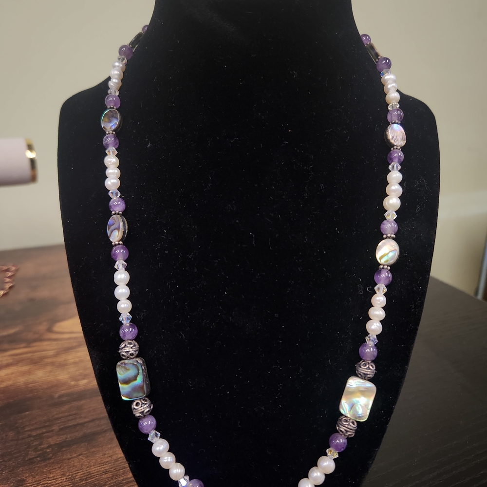 Genuine Pearl, 925 Silver Beads, Abalone, and Purple Beaded Necklace